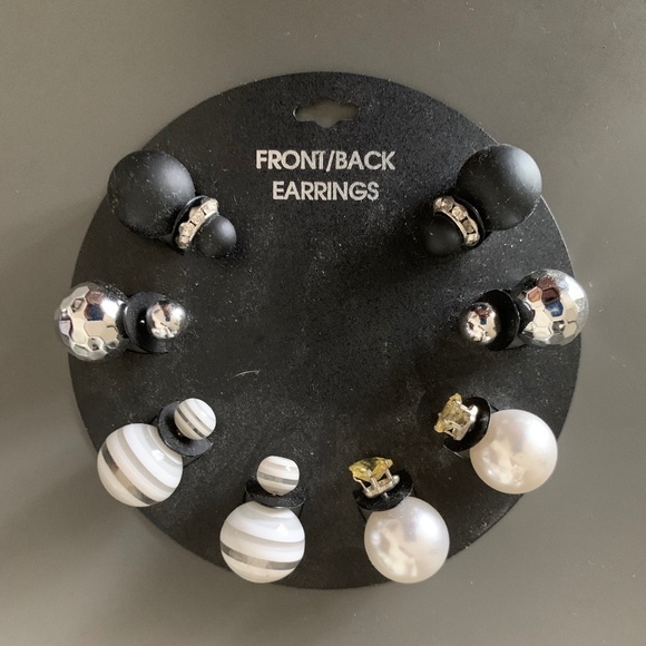 4 Front & Back Stud Earring Set – Silver, Pearl, Black Matte & Striped Design - Picture 3 of 4